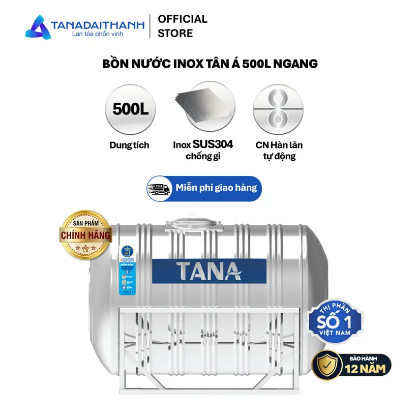 Bồn nước ngang Inox Tân Á 500L ĐK700 – Chỉ bán tại miền Bắc